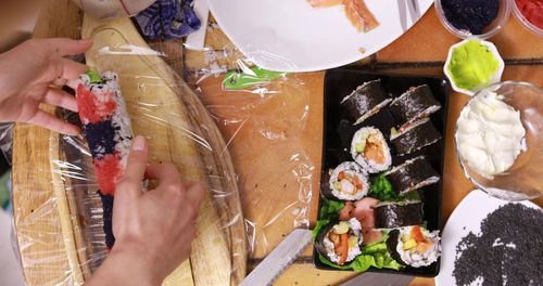 High angle view of sushi served on table