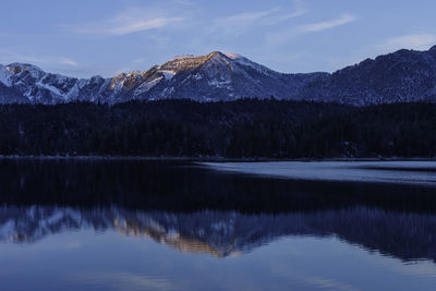 Scenic view of lake with mountains in background