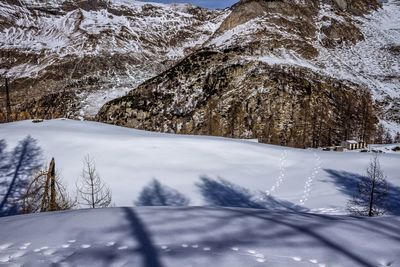 Snow covered land and trees against mountain