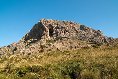 Low angle view of rock formations against clear blue sky