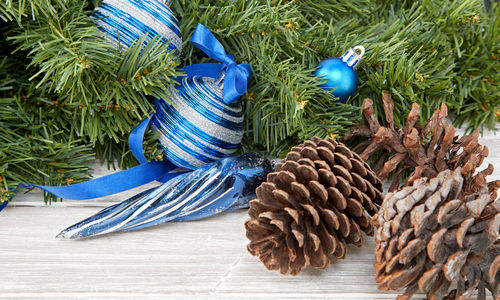 Close-up of christmas decorations on table