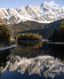 Scenic view of lake by snowcapped mountains