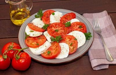 High angle view of food in plate on table