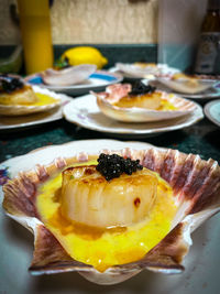 Close-up of breakfast served on table