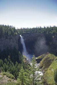 Scenic view of waterfall in forest against clear sky