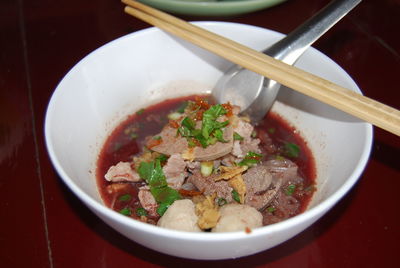 Close-up of soup in bowl on table