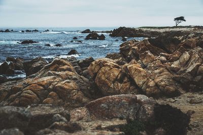 Rocks on beach against sky