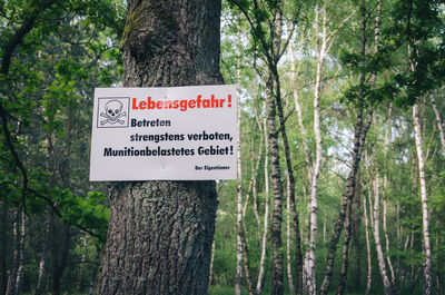 Information sign on tree trunk in forest