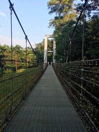 Empty footbridge in forest against sky