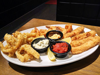 High angle view of food in plate on table