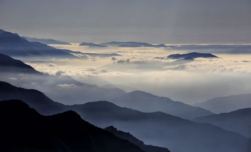 Scenic view of mountains against sky during sunset