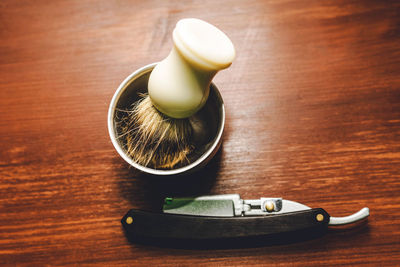 High angle view of fruits in bowl on table