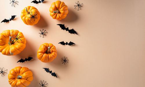 High angle view of pumpkins on table against orange background