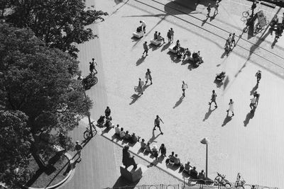 High angle view of people walking on street
