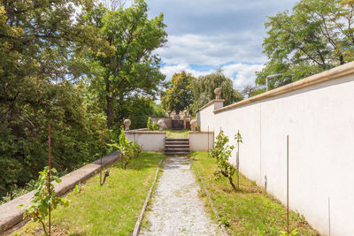 Footpath amidst trees and building against sky