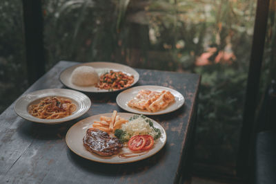 Close-up of food served on table