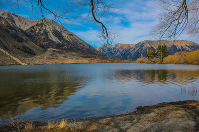 Scenic view of lake and mountains against sky