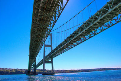 Low angle view of suspension bridge against clear sky