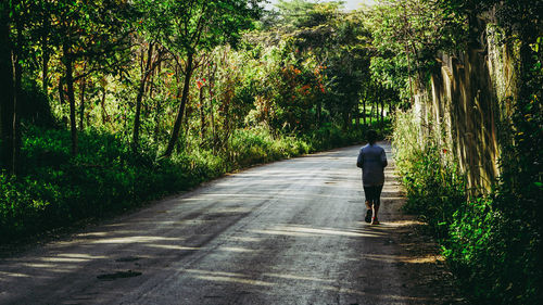 Rear view of man walking on road amidst trees