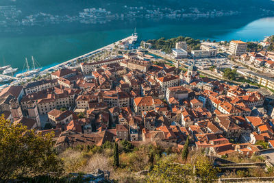 High angle view of buildings in city