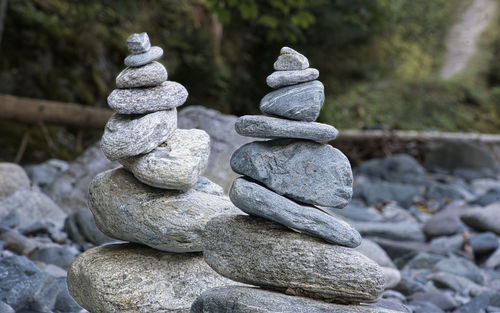 Close-up of stone stack on rock