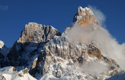 Low angle view of snowcapped mountain against blue sky