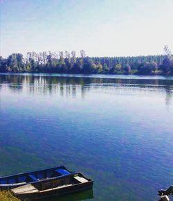 Calm lake with trees in background