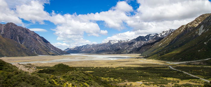 Scenic view of snowcapped mountains and field against sky