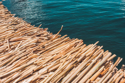 High angle view of driftwood on beach