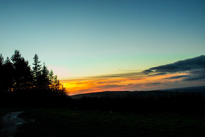 Scenic view of silhouette field against sky at sunset