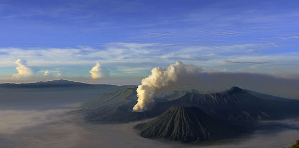 Mount bromo, indonesia, panoramic view of volcanic landscape against sky