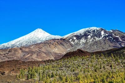 Scenic view of mountains against clear blue sky