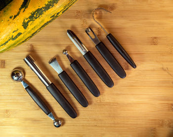 High angle view of objects on wooden table