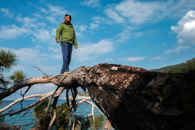 Low angle view of man standing on tree against sky