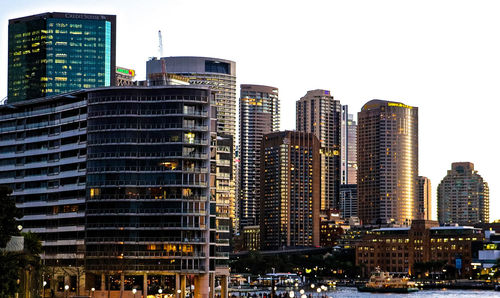 Low angle view of skyscrapers against clear sky