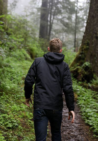 Rear view of hiker walking at forest