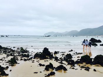 Rear view of people on beach against sky