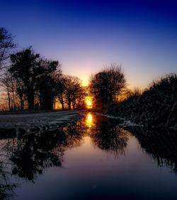 Reflection of trees in water at sunset