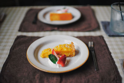 High angle view of breakfast served on table