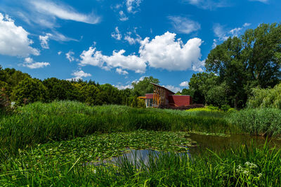 Scenic view of field and houses against sky