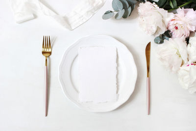 High angle view of white rose on table