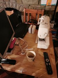 High angle view of coffee cup on table