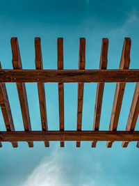 Low angle view of wooden post on fence against sky