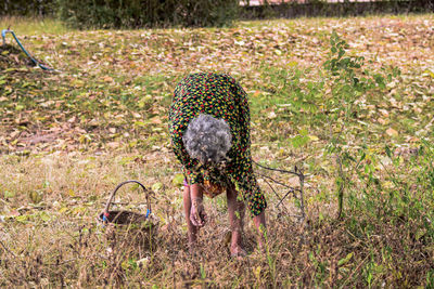 Mushroom picking season gray-haired hunchbacked old woman crouching in the autumn forest