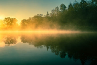 A beautiful river morning with mist and sun light. springtime scenery of river banks in europe. 