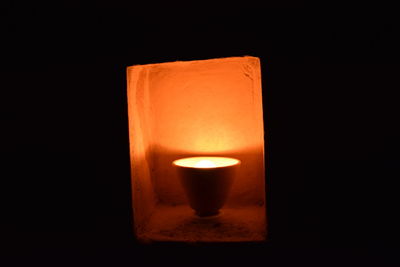 Close-up of lit candle against black background