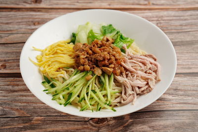 High angle view of noodles in bowl on table