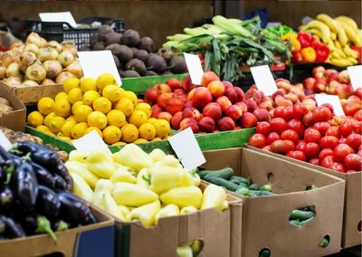 High angle view of fruits for sale at market stall