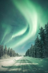 Scenic view of snow covered land against sky during aurora borealis