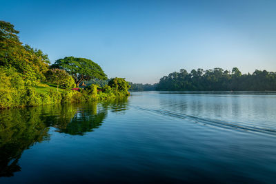 Scenic view of lake against clear blue sky